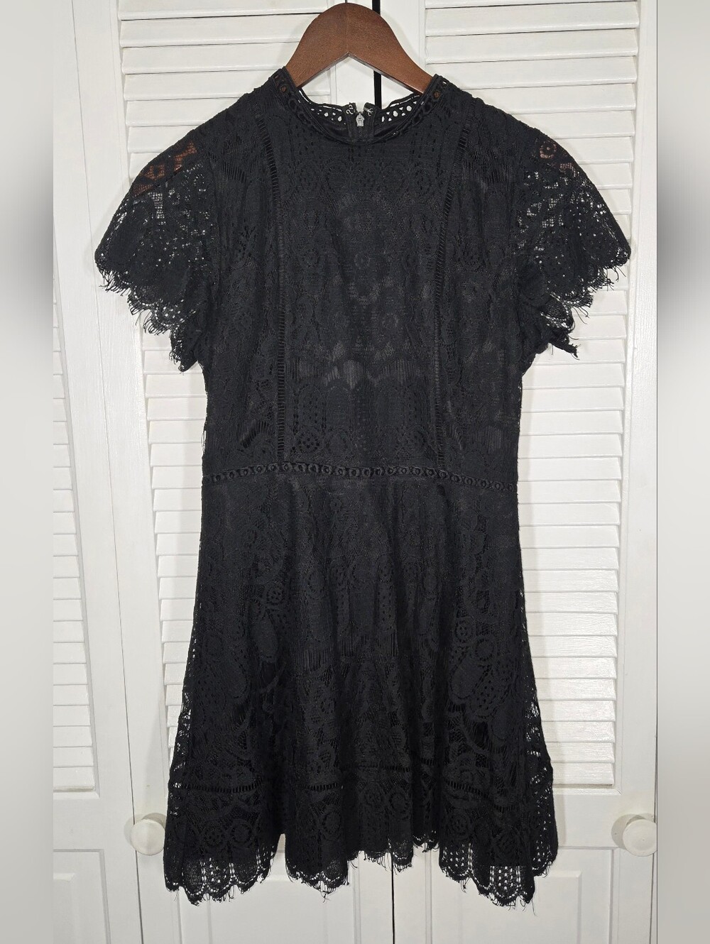 Altar'd State Black Fit Flare High Neck Cap Sleeves Scalloped Lace Over Lining S